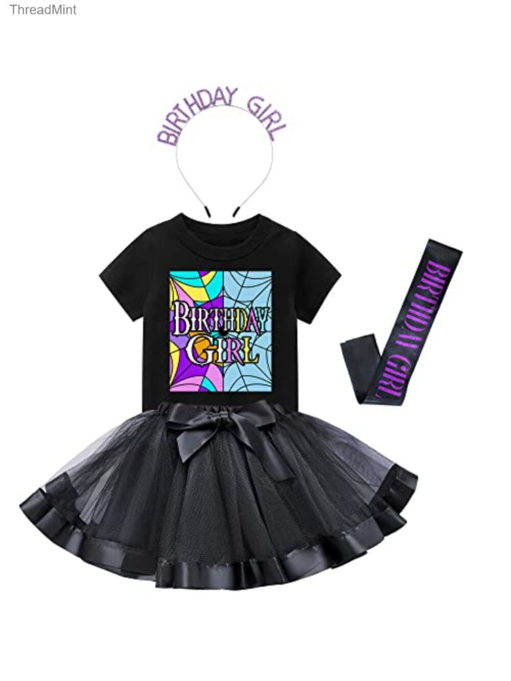 Girls Gothic Birthday Tutu Skirt Set Tee Sash Crown T-Shirt Outfit